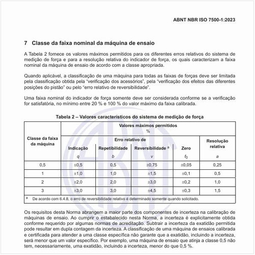 Quais são os valores característicos do sistema de medição de força?