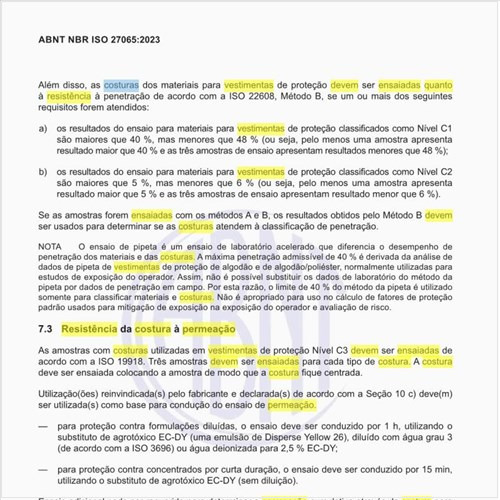 Como devem ser ensaiadas as vestimentas quanto à resistência da costura à permeação