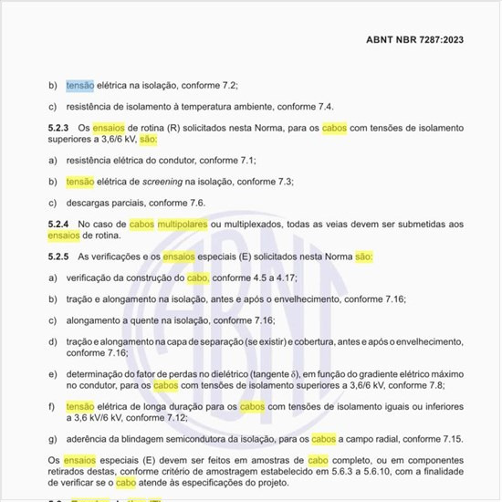 Quais são os ensaios de tipo (T) para esse cabo de potência?