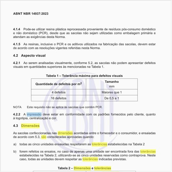 Quais são as dimensões e tolerâncias das sacolas?