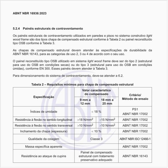Quais são os requisitos mínimos para a chapa de compensado estrutural?