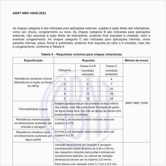 Quais os requisitos mínimos para as chapas cimentícias?