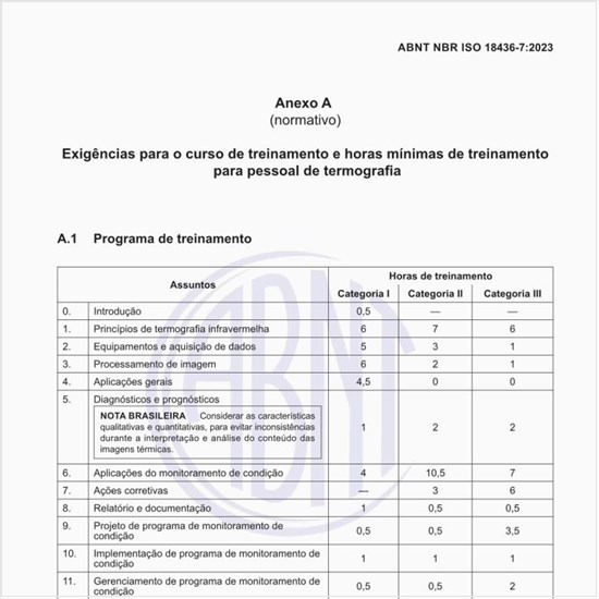 Quais são as exigências para o curso de treinamento e horas mínimas de treinamento para pessoal de termografia?