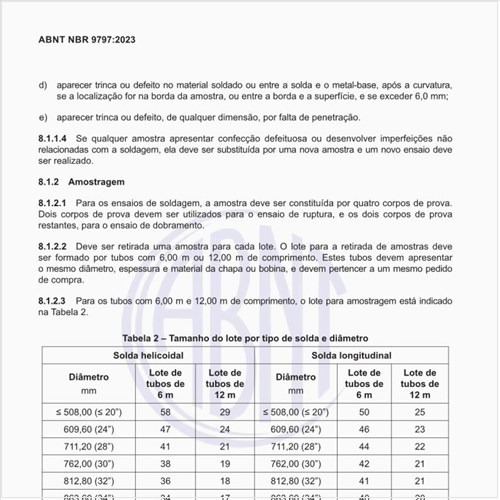 Qual deve ser o tamanho do lote por tipo de solda e diâmetro?