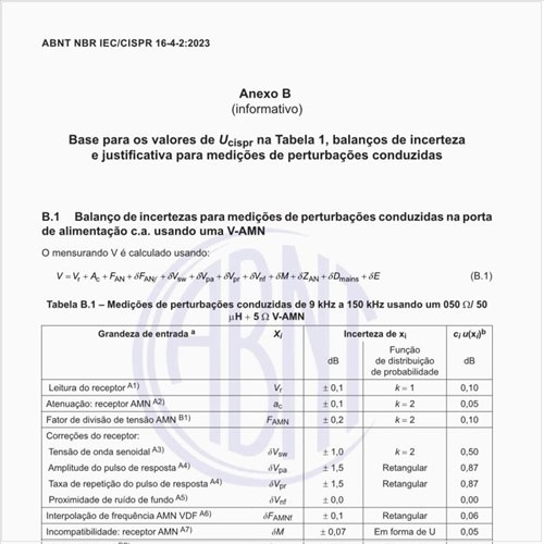 Qual o balanço de incertezas para medições de perturbações conduzidas na porta de alimentação ca usando uma V-AMN?
