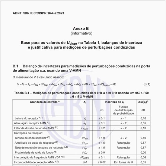 Qual o balanço de incertezas para medições de perturbações conduzidas na porta de alimentação ca usando uma V-AMN?