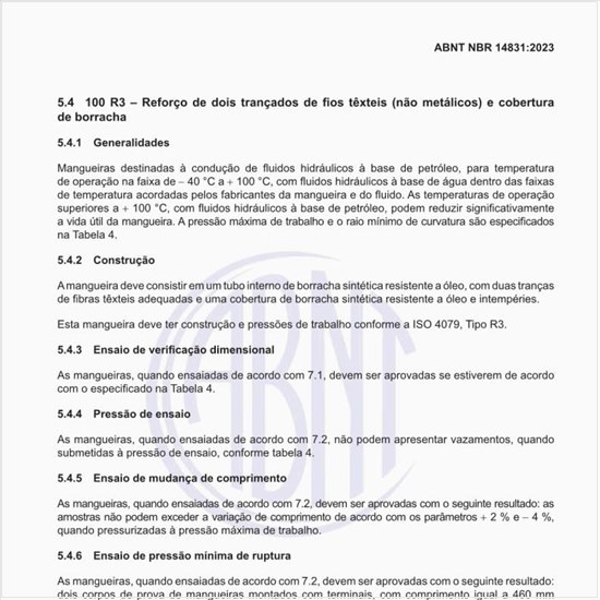 Quais são as dimensões e as especificações para mangueiras de borracha sintética 100 R3?
