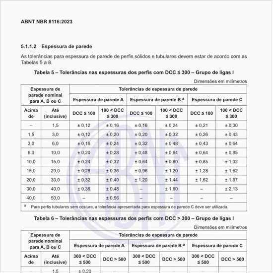 Quais são as tolerâncias nas espessuras dos perfis com DCC > 300 do grupo de ligas I?