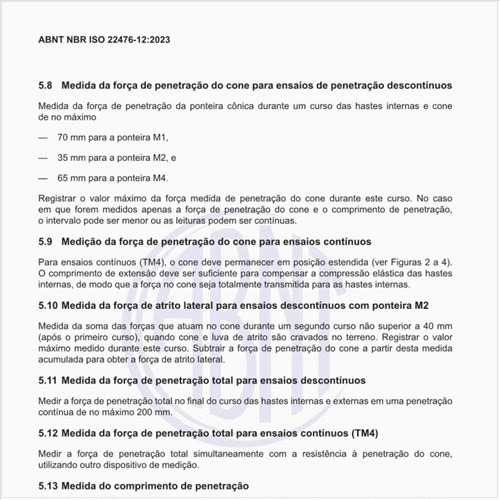 Qual a medida da força de penetração do cone para ensaios de penetração descontínuos?