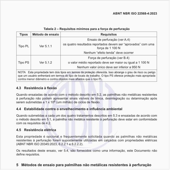 Quais são os requisitos mínimos para a força de perfuração?