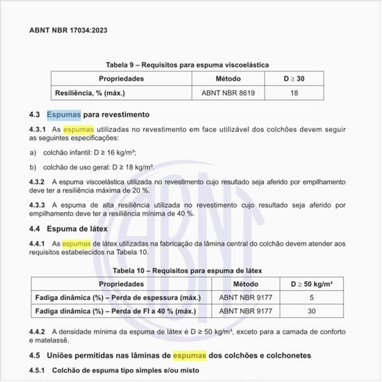 Quais as especificações para as espumas para revestimento?