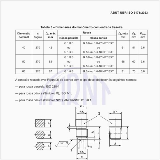 Quais devem ser as dimensões do manômetro com entrada traseira?