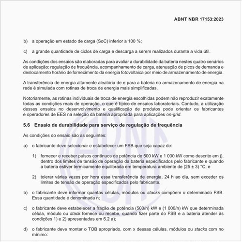 Quais são as condições do ensaio de durabilidade para serviço de regulação de frequência?