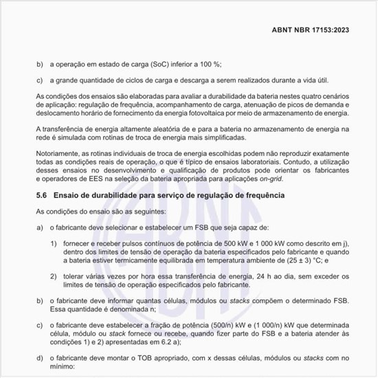 Quais são as condições do ensaio de durabilidade para serviço de regulação de frequência?