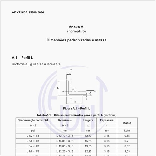 Quais são as bitolas padronizadas para o perfil L?