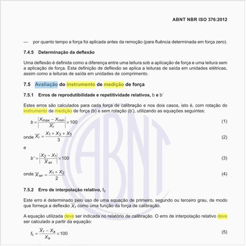 Como deve ser feita a avaliação do instrumento de medição de força?