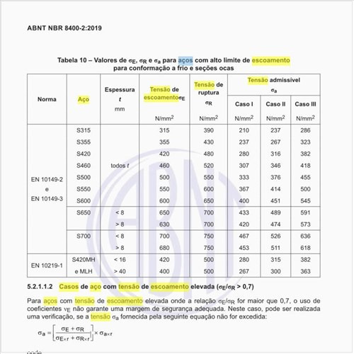 Quais são os casos de aço com tensão de escoamento elevada?