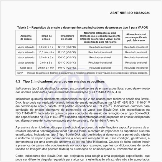 Quais são os requisitos de ensaio e desempenho para indicadores do processo tipo 1 para vapor?