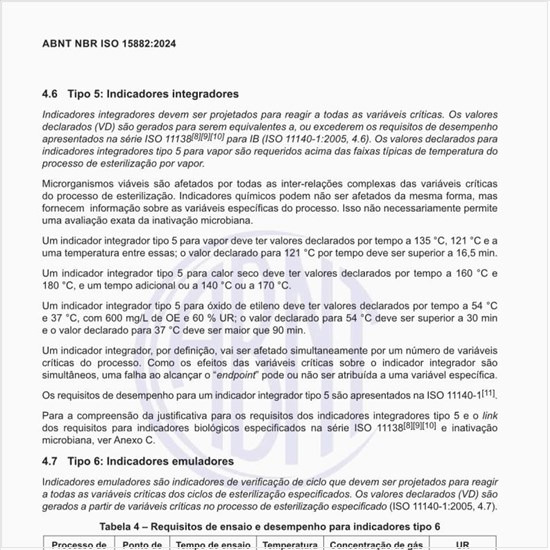 Quais são os requisitos de ensaio e desempenho para indicadores tipo 6?