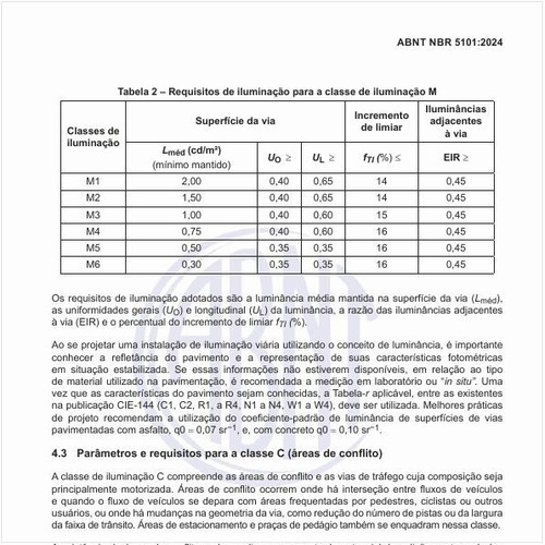 Quais são os requisitos de iluminação para a classe de iluminação M?