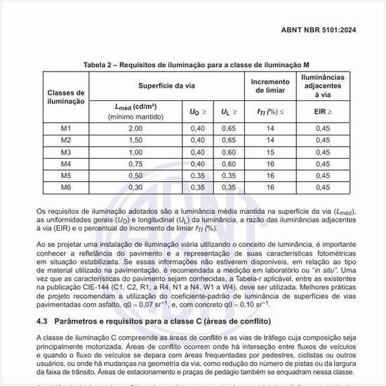 Quais são os requisitos de iluminação para a classe de iluminação M?