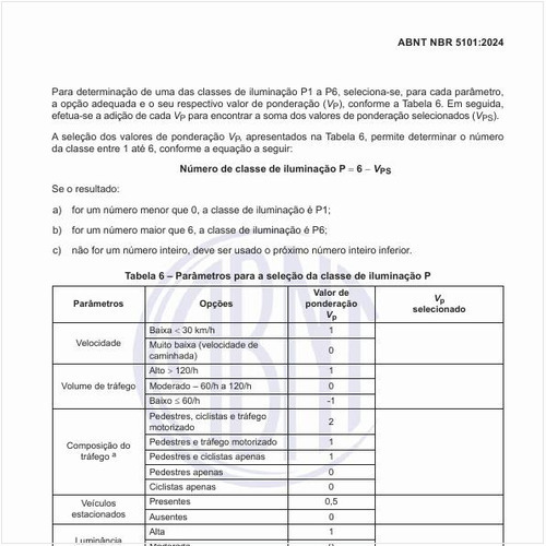 Quais são os parâmetros para a seleção da classe de iluminação P?