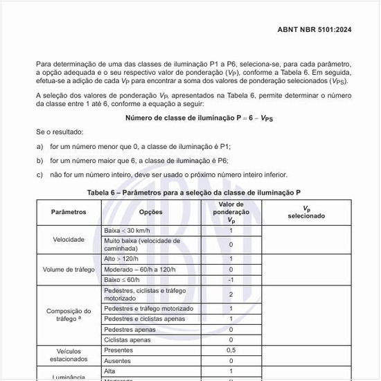 Quais são os parâmetros para a seleção da classe de iluminação P?