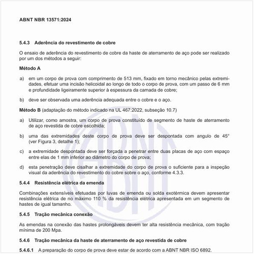 Como deve ser realizado o ensaio de aderência do revestimento de cobre da haste de aterramento de aço?
