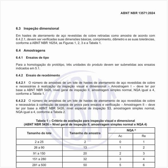 Qual é o critério de aceitação para inspeção visual e dimensional?