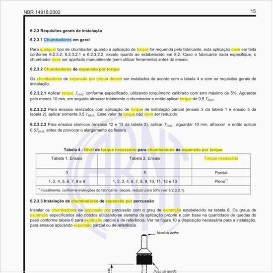 Qual deve ser o nível de torque necessário para chumbadores de expansão por torque?