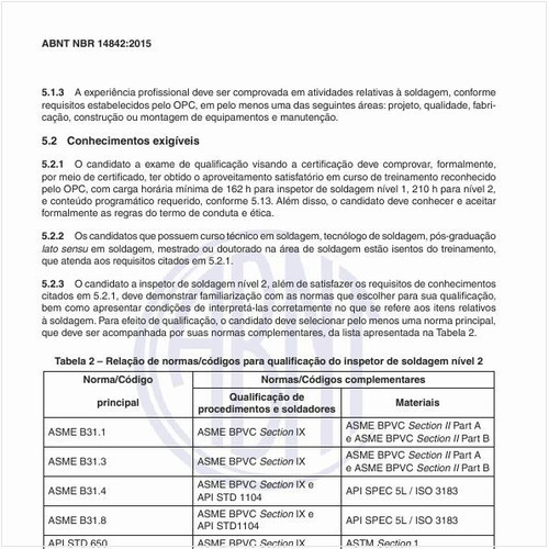 Qual é a relação de normas/códigos para qualificação do inspetor de soldagem nível 2?