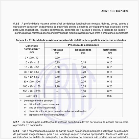 Qual é a profundidade máxima admissível de defeitos de superfície em barras acabadas?