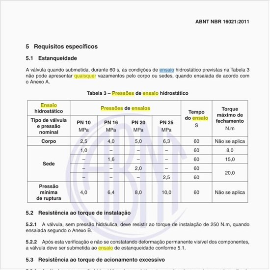 Quais devem ser as pressões de ensaio hidrostático?