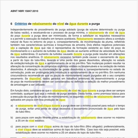 Quais são os critérios de rebaixamento do nível da água durante a purga?