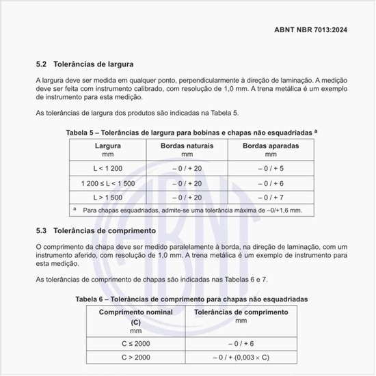 Quais são as tolerâncias de comprimento para chapas não esquadriadas?
