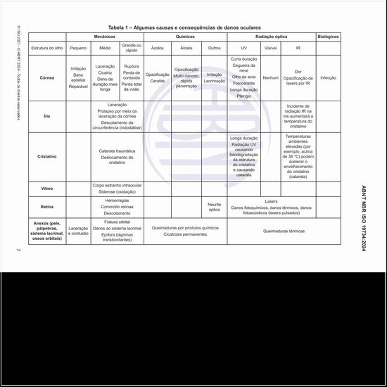 Qual pode ser uma visão geral dos perigos para as várias partes do olho?