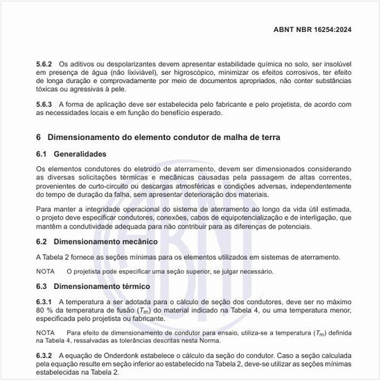 Como deve ser o dimensionamento do elemento condutor de malha de terra?