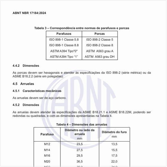 Qual é a correspondência entre normas de parafusos e porcas?