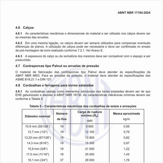 Quais são as características mecânicas das cordoalhas de estais e armações?
