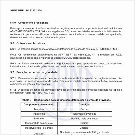 Qual é a configuração da máquina para determinar o centro de gravidade?