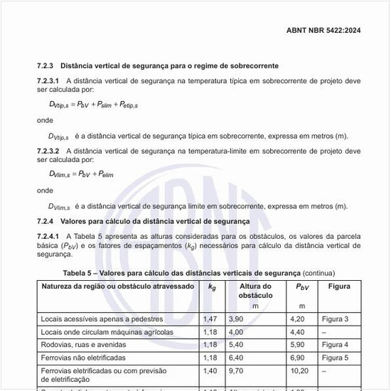 Quais são os valores para o cálculo das distâncias verticais de segurança?