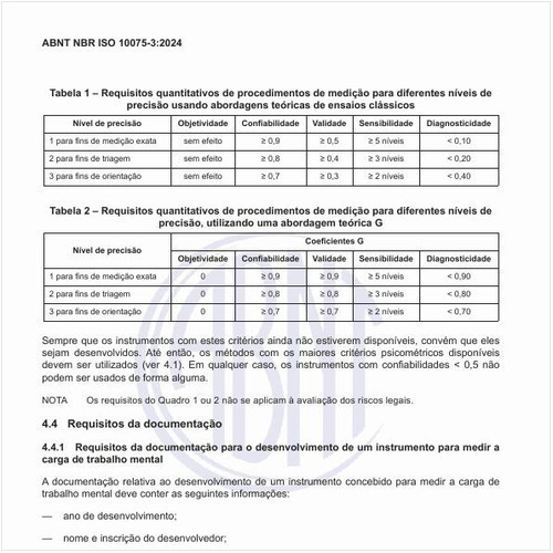 Quais são os requisitos da documentação para o desenvolvimento de um instrumento para medir a carga de trabalho mental?