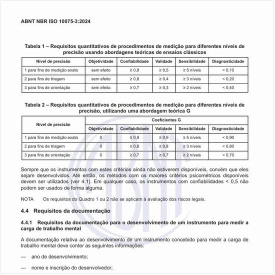 Quais são os requisitos da documentação para o desenvolvimento de um instrumento para medir a carga de trabalho mental?