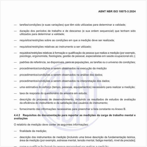 Quais são os requisitos da documentação para reportar as medições da carga de trabalho mental e avaliações?