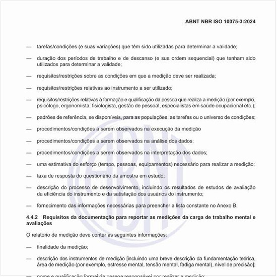 Quais são os requisitos da documentação para reportar as medições da carga de trabalho mental e avaliações?