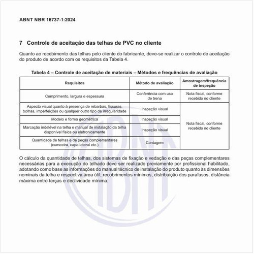 No recebimento, qual o controle de aceitação das telhas de PVC no cliente?