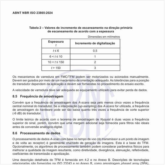 Quais são os valores de incremento de escaneamento na direção primária de escaneamento de acordo com a espessura?