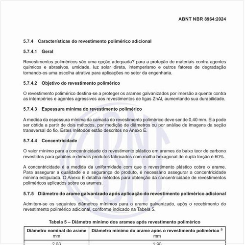 Qual deve ser o diâmetro mínimo dos arames após revestimento polimérico?