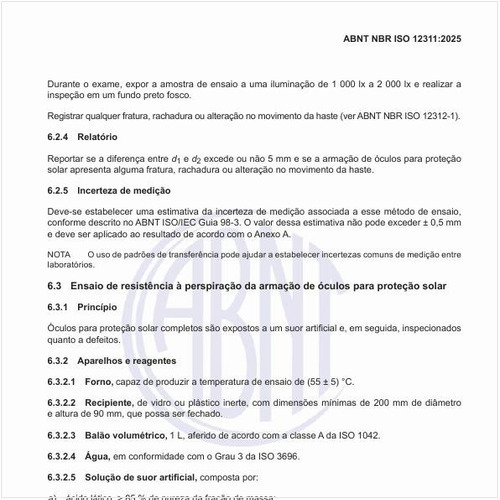 Qual é o princípio do ensaio de resistência à perspiração da armação de óculos para proteção solar?
