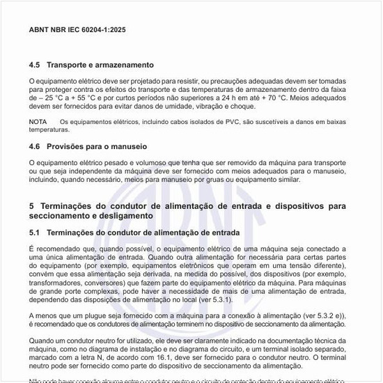 Quais são as terminações do condutor de alimentação de entrada e dispositivos para seccionamento e desligamento?